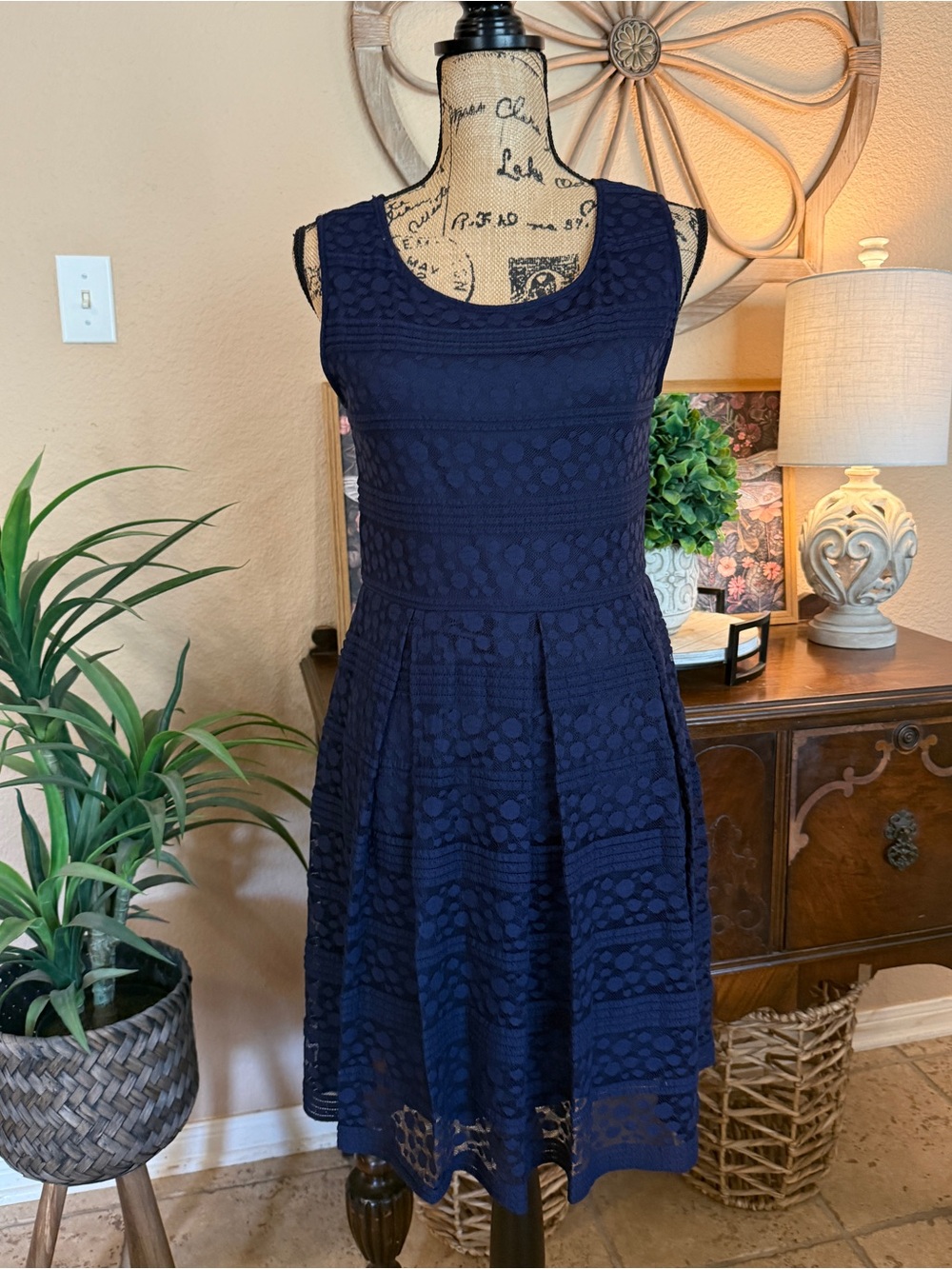 Max Studio Navy Lace Fit & Flare Sleeveless Dress - Women